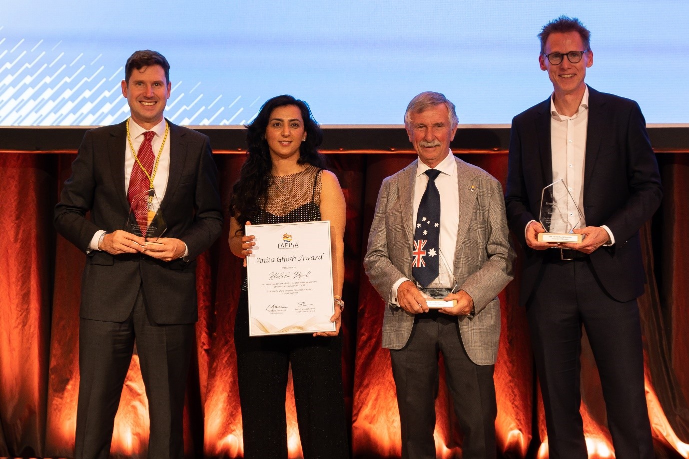 Oliver Percovich, Khalida Popal, Malcolm Freake OAM, and Franck Busemann with their awards. 